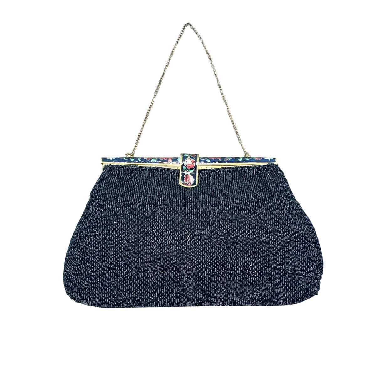 Vintage 40s Sagil Paris Black Beads Floral Enamel Frame Chain Strap Purse Sz S