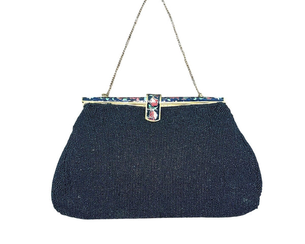 Vintage 40s Sagil Paris Black Beads Floral Enamel Frame Chain Strap Purse Sz S
