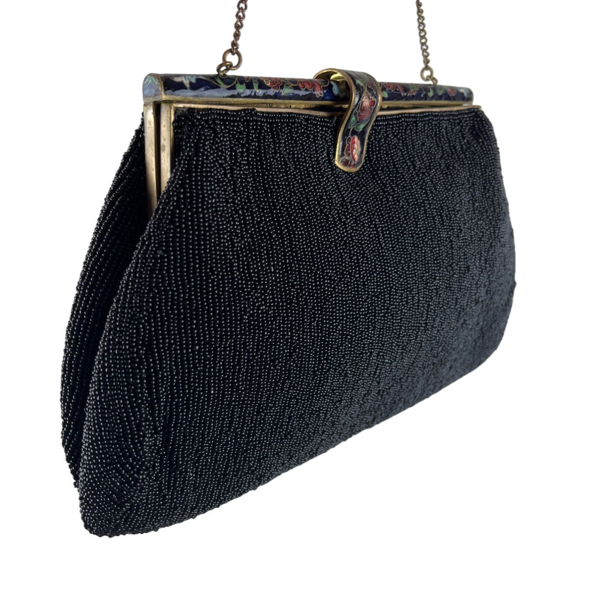 Vintage 40s Sagil Paris Black Beads Floral Enamel Frame Chain Strap Purse Sz S