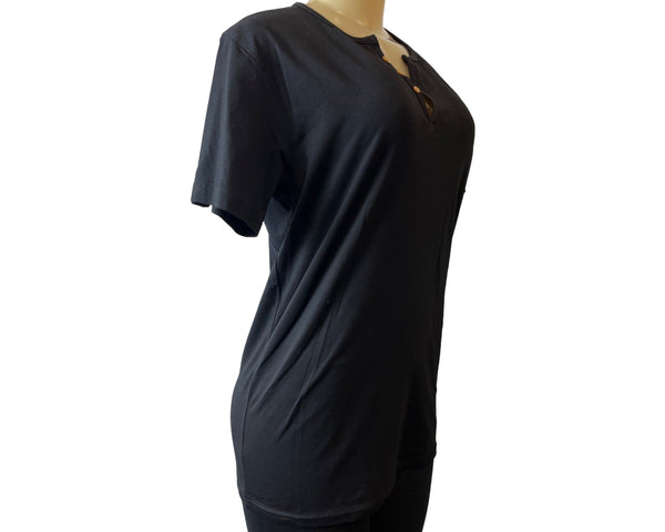 Vav Women's Henley Black Short Sleeve Shirt Sz L - NWT