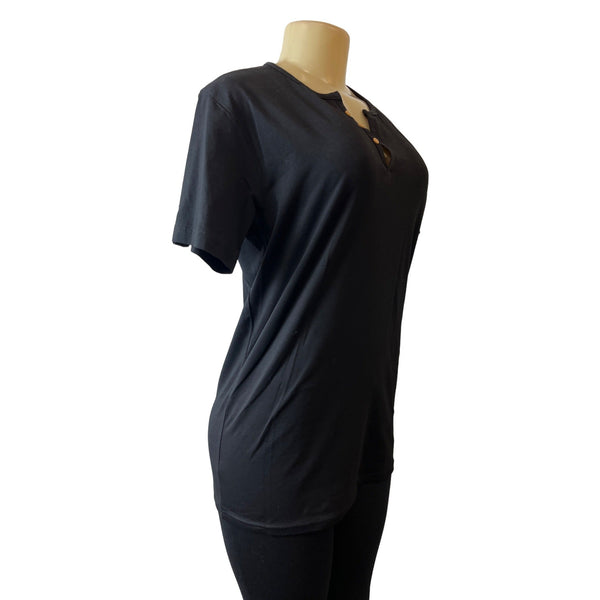 Vav Women's Henley Black Short Sleeve Shirt Sz L - NWT