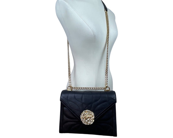 Michael Kors Black Quilted Leather Rhinestone Rose Snap Crossbody Bag Size M