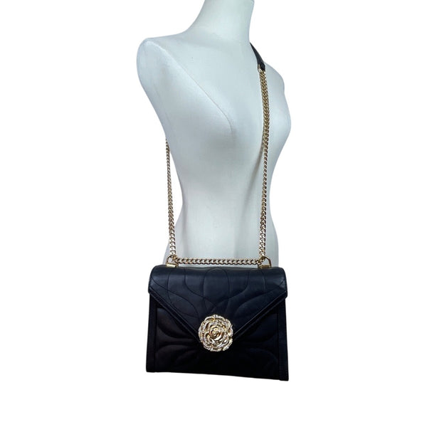 Michael Kors Black Quilted Leather Rhinestone Rose Snap Crossbody Bag Size M