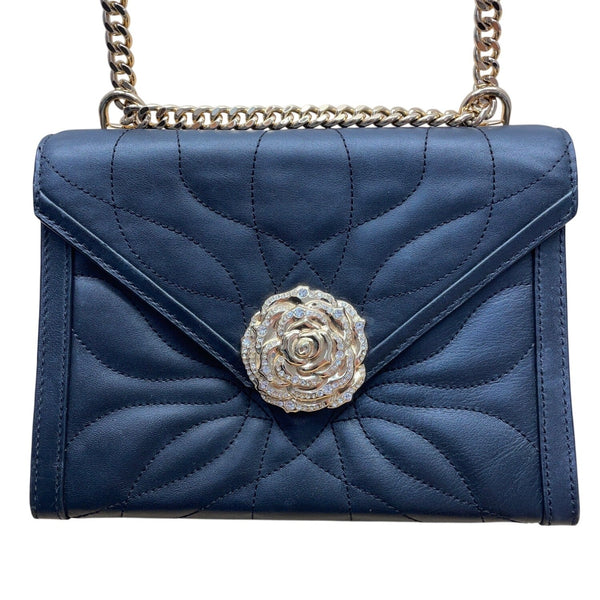 Michael Kors Black Quilted Leather Rhinestone Rose Snap Crossbody Bag Size M