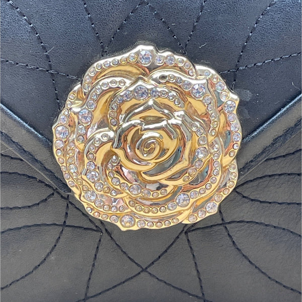 Michael Kors Black Quilted Leather Rhinestone Rose Snap Crossbody Bag Size M