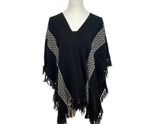 Francescas Black & Grey Poncho Wrap With Fringe & V-Neck Hem One Size - New