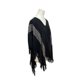 Francescas Black & Grey Poncho Wrap With Fringe & V-Neck Hem One Size - New