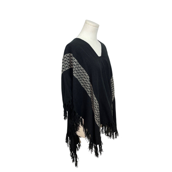 Francescas Black & Grey Poncho Wrap With Fringe & V-Neck Hem One Size - New