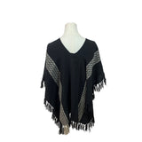 Francescas Black & Grey Poncho Wrap With Fringe & V-Neck Hem One Size - New