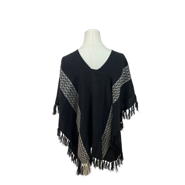Francescas Black & Grey Poncho Wrap With Fringe & V-Neck Hem One Size - New