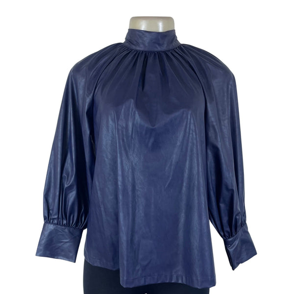 Rachel Comey Women's Navy Faux Leather Button Down Blouse With Tie Neck XXS