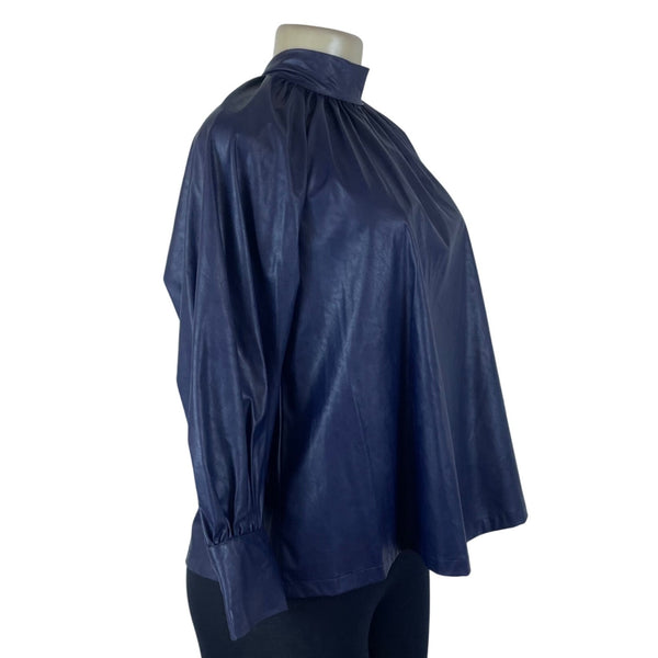 Rachel Comey Women's Navy Faux Leather Button Down Blouse With Tie Neck XXS
