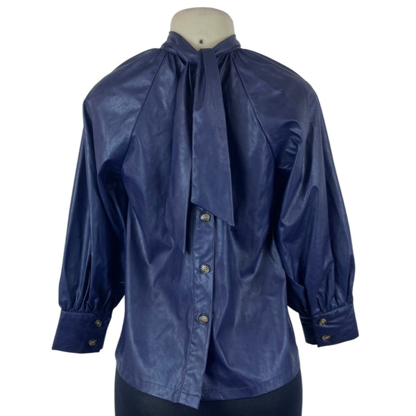 Rachel Comey Women's Navy Faux Leather Button Down Blouse With Tie Neck XXS