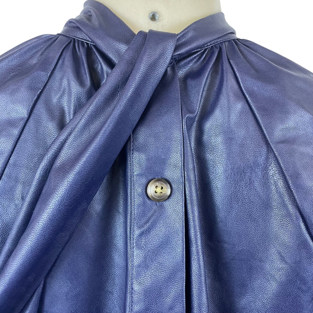 Rachel Comey Women's Navy Faux Leather Button Down Blouse With Tie Neck XXS