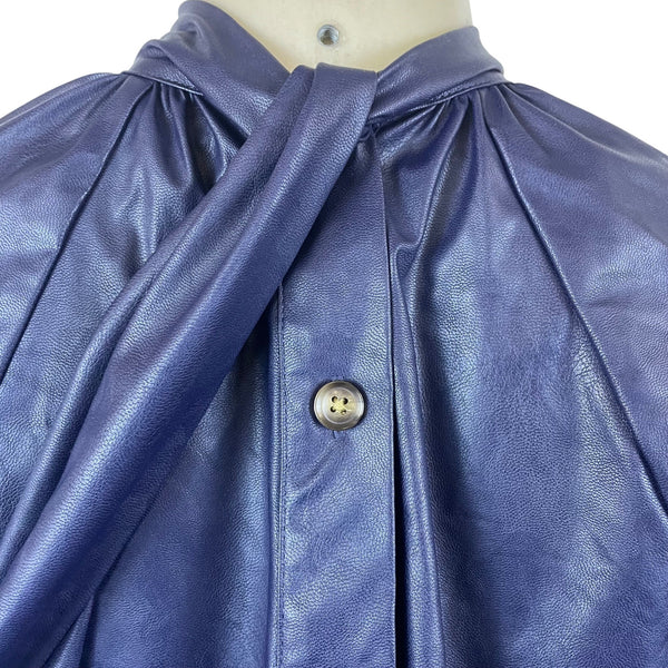 Rachel Comey Women's Navy Faux Leather Button Down Blouse With Tie Neck XXS
