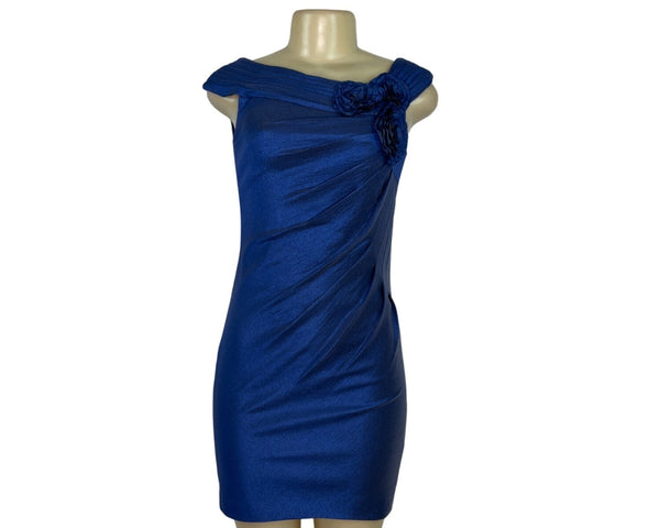 Adrianna Papell Petite Royal Blue Dress With Floral Shoulder Detail Size 2P