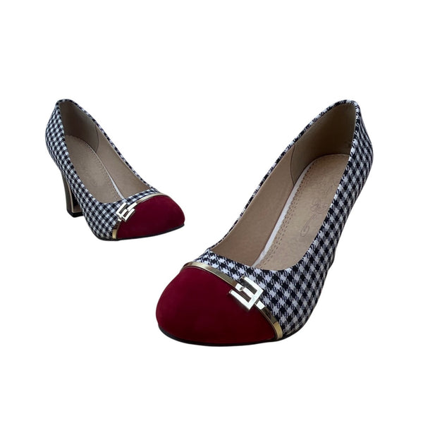Women’s Houndstooth & Red Cap Toe With Gold Accent Pumps Size 38 (US 7.5)