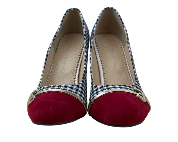 Women’s Houndstooth & Red Cap Toe With Gold Accent Pumps Size 38 (US 7.5)
