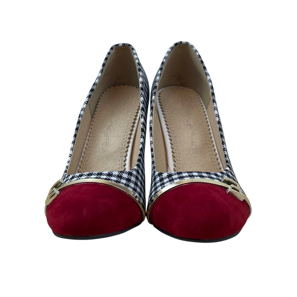 Women’s Houndstooth & Red Cap Toe With Gold Accent Pumps Size 38 (US 7.5)