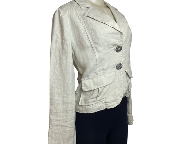 Gabbana Beige Linen Women's Blazer Jacket With Crystal D&G Logo Size L