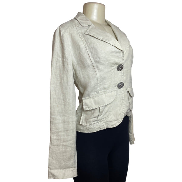 Gabbana Beige Linen Women's Blazer Jacket With Crystal D&G Logo Size L