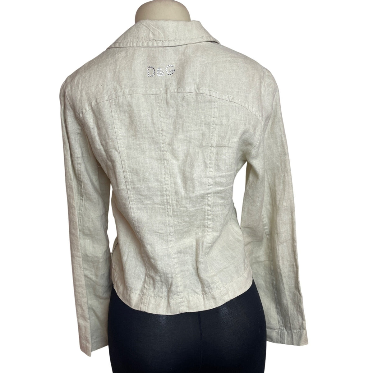 Gabbana Beige Linen Women's Blazer Jacket With Crystal D&G Logo Size L