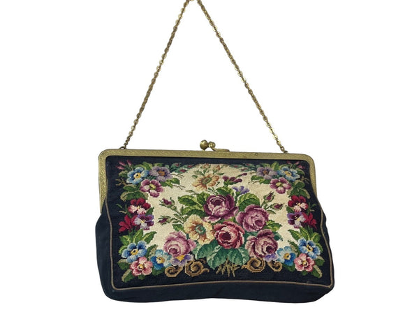 Vintage Unbranded Women's Black Flowered Canvas Evening Clutch Sz S