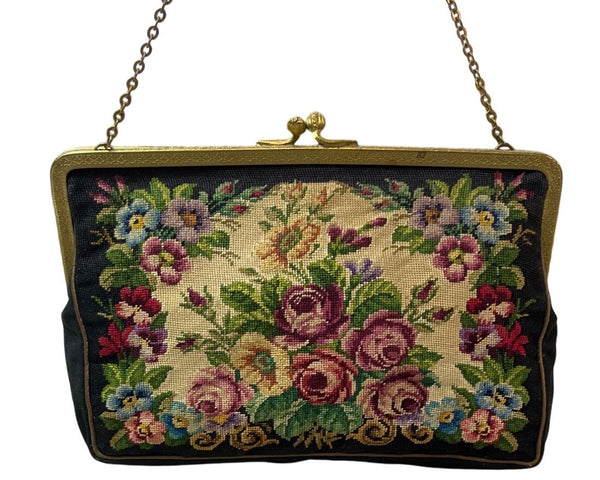 Vintage Unbranded Women's Black Flowered Canvas Evening Clutch Sz S
