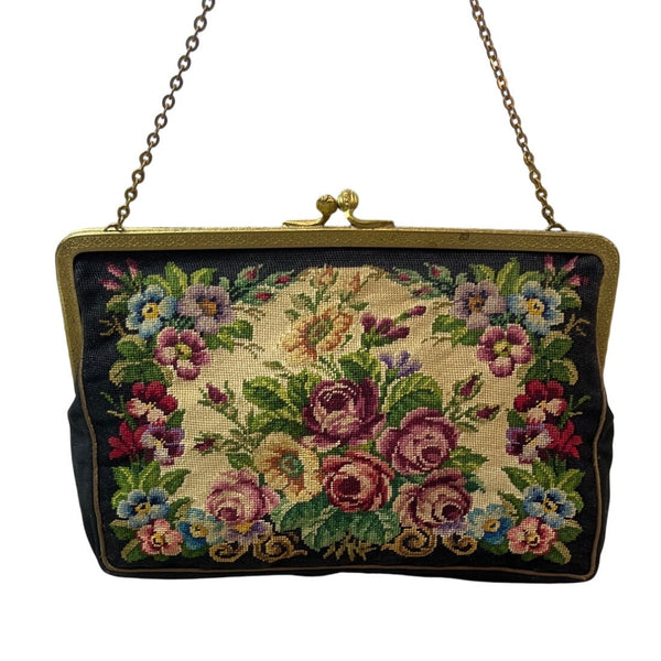 Vintage Unbranded Women's Black Flowered Canvas Evening Clutch Sz S