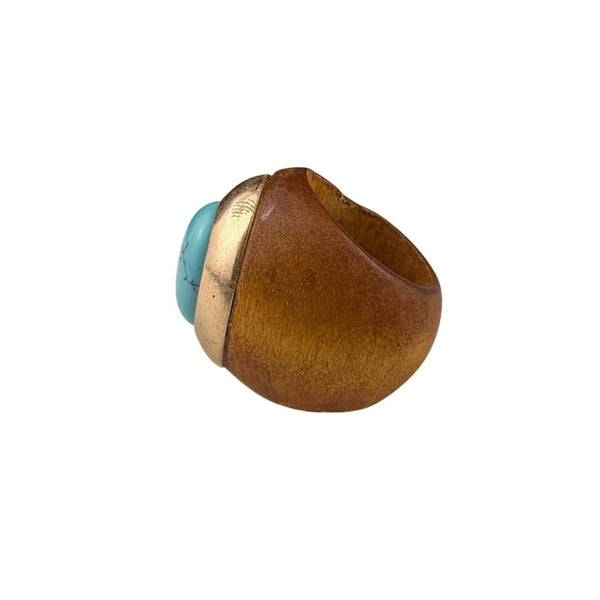 Wooden Statement Ring With Turquoise Stone Accent