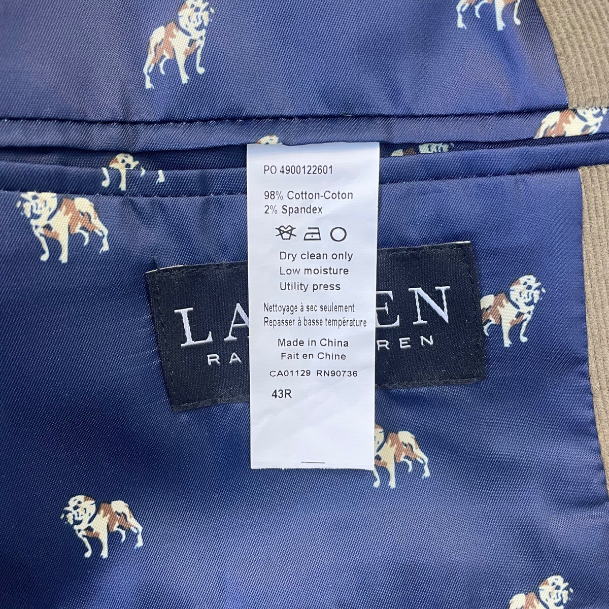 Lauren Ralph Lauren Mens Olive Corduroy Sport Coat Navy Patterned Lining Sz 43R