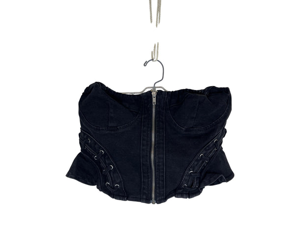 Fashion Nova Womens Black Denim Corset Lace-Up Skirt Set Size M