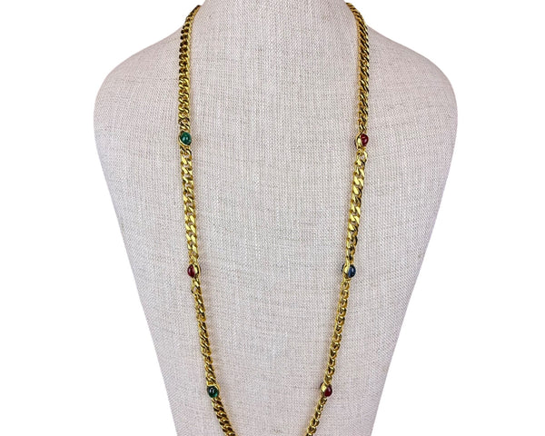 Vintage Gold Tone Necklace With Colorful Gemstone Accents 36 Inches