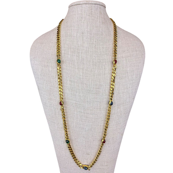Vintage Gold Tone Necklace With Colorful Gemstone Accents 36 Inches