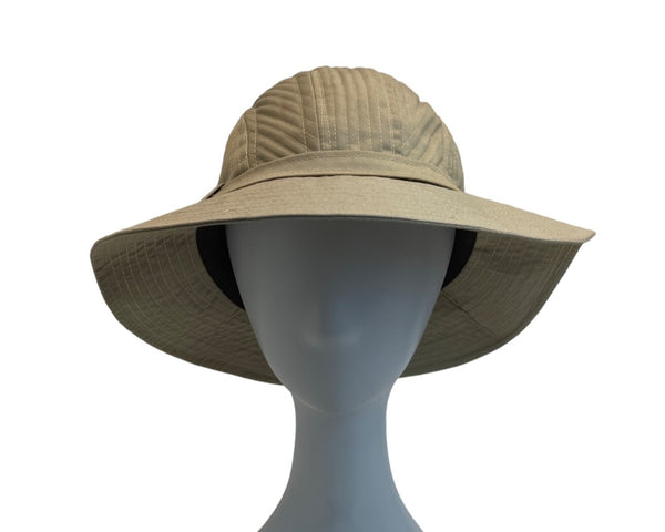 Womens Khaki Cotton Outdoor Hat With Plaid Lining & Adjustable Side Buckle