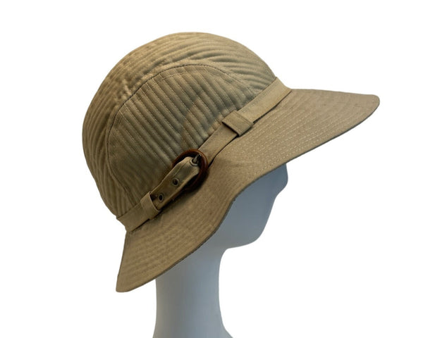 Womens Khaki Cotton Outdoor Hat With Plaid Lining & Adjustable Side Buckle
