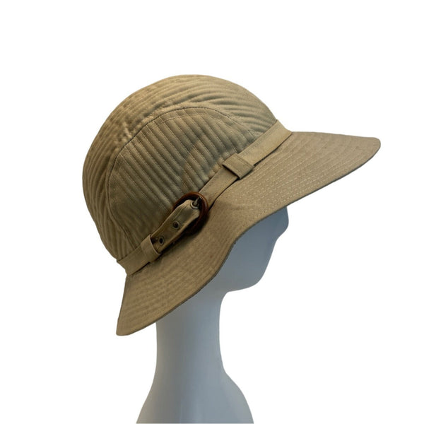 Womens Khaki Cotton Outdoor Hat With Plaid Lining & Adjustable Side Buckle