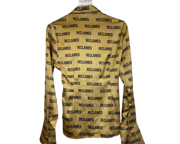 Reclaimed Vintage Womens Gold Satin Lace-Up Blouse All Over Text Print UK 14 US 10