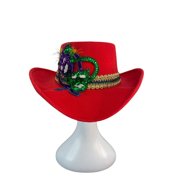 J.R. Palacios Red Felt Cowboy Hat With Sequin Mardi Gras Mask & Gold Trim