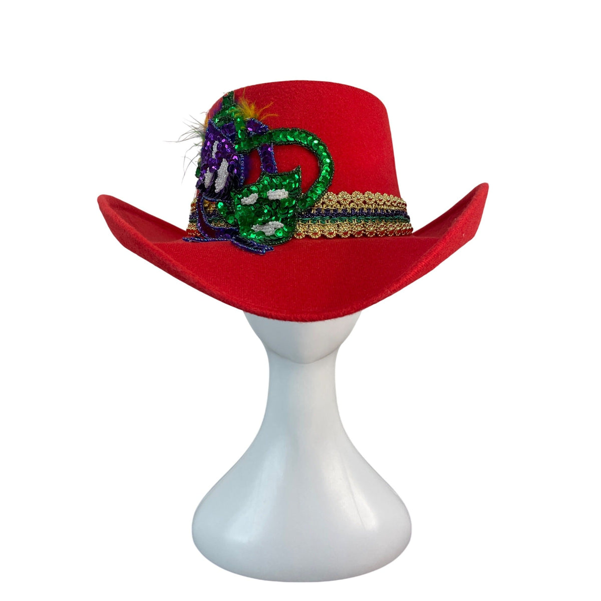 J.R. Palacios Red Felt Cowboy Hat With Sequin Mardi Gras Mask & Gold Trim