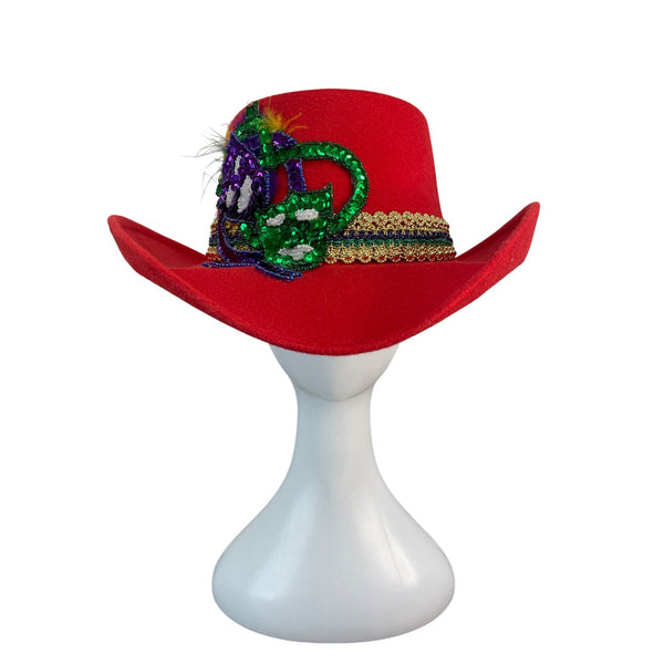 J.R. Palacios Red Felt Cowboy Hat With Sequin Mardi Gras Mask & Gold Trim