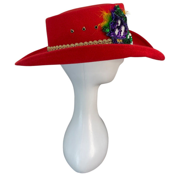 J.R. Palacios Red Felt Cowboy Hat With Sequin Mardi Gras Mask & Gold Trim
