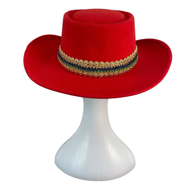 J.R. Palacios Red Felt Cowboy Hat With Sequin Mardi Gras Mask & Gold Trim