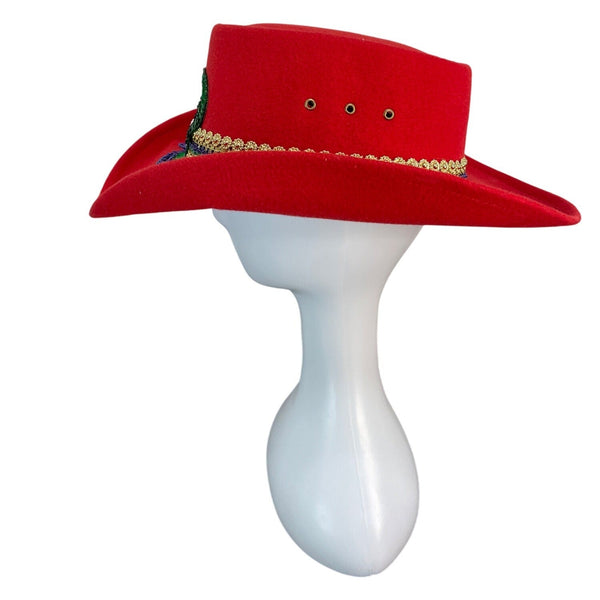 J.R. Palacios Red Felt Cowboy Hat With Sequin Mardi Gras Mask & Gold Trim