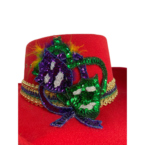 J.R. Palacios Red Felt Cowboy Hat With Sequin Mardi Gras Mask & Gold Trim