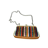 Colorful Beaded Chain Strap Handbag With Tan Leather Back & Kiss-Lock Closure