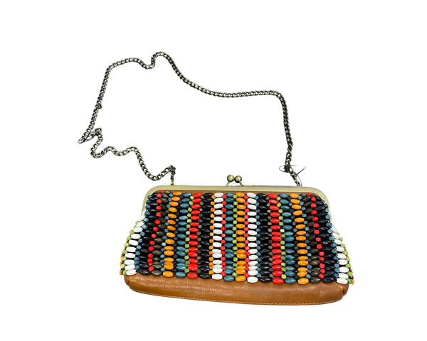 Colorful Beaded Chain Strap Handbag With Tan Leather Back & Kiss-Lock Closure