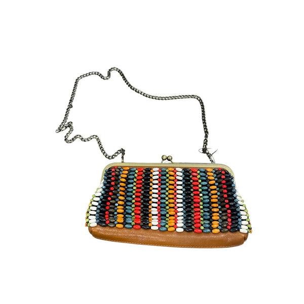 Colorful Beaded Chain Strap Handbag With Tan Leather Back & Kiss-Lock Closure