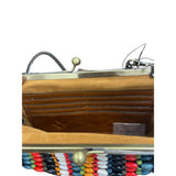 Colorful Beaded Chain Strap Handbag With Tan Leather Back & Kiss-Lock Closure