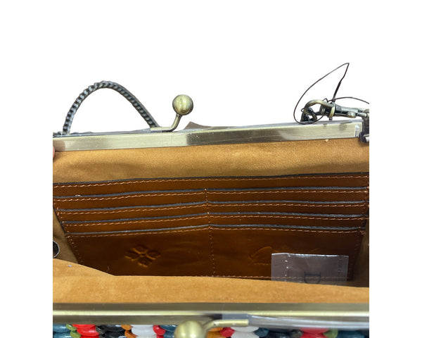 Colorful Beaded Chain Strap Handbag With Tan Leather Back & Kiss-Lock Closure